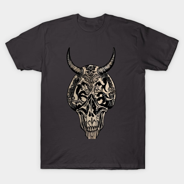 Tribal Tattoo Bulls Skull T-Shirt by Obotan Mmienu